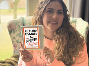 Books with Brittani holds her Kobo eReader and displays the cover of Richard Osman's book, "The Impossible Fortune", the fifth book in The Thursday Murder Club series