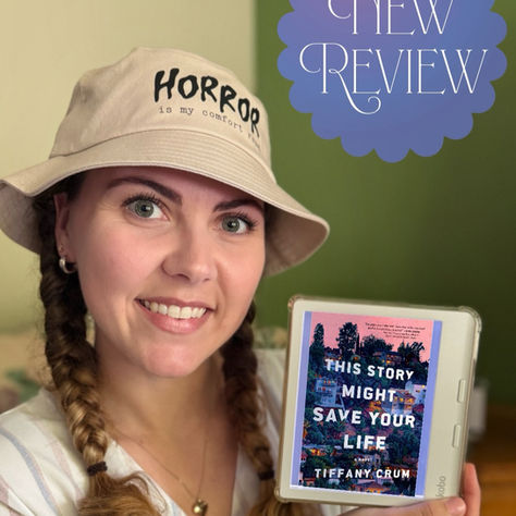 Books with Brittani holds her Kobo eReader that shows the cover of Tiffany Crum's "This Story Might Save Your Life"