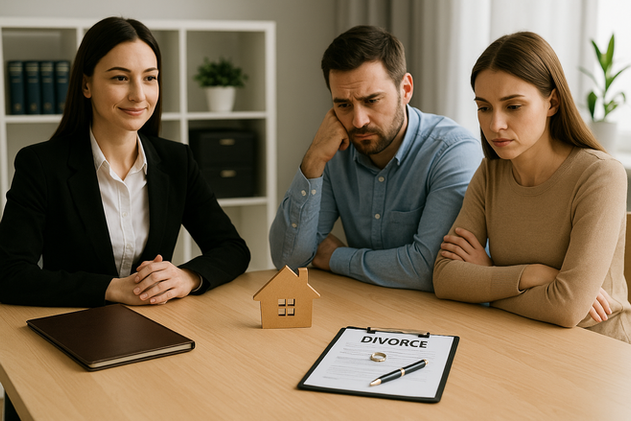Casal em reunião com advogada especializada em divórcio e união estável, discutindo partilha de bens, guarda de filhos e dissolução de relacionamento, em ambiente profissional de escritório jurídico.
