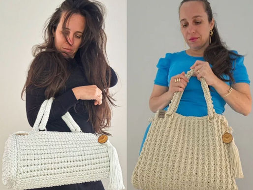 Duas fotos de mulher segurando uma bolsa de crochê branca, ao lado esquerda, e uma bolsa de crochê bege (lado direito), feitas de fios ecológicos.