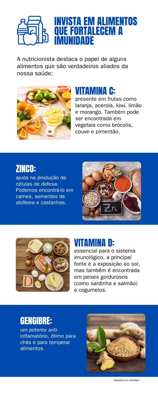 Infográfico com dicas de alimentos e suas vitaminas, e que são adequados para o final do inverno.