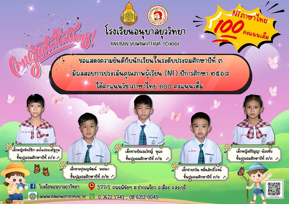 ขอแสดงความยินดีกับนักเรียนระดับชั้นประถมศึกษาปีที่ ๓ ได้คะแนนเต็ม ๑๐๐ คะแนนเต็ม ด้านภาษาไทย National Test ปีการศึกษา ๒๕๖๘