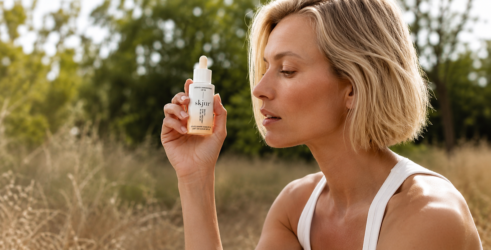 Natürliches Portrait einer Frau im warmen Sonnenlicht mit dem skjur® Leichten Sonnenserum