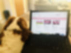 Carrie-Ann's laptop showing her blog listing page. Her dog is sitting next to the laptop