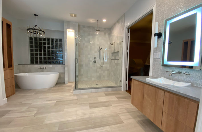 modern bathroom remodel Dallas TX walk in shower frameless glass