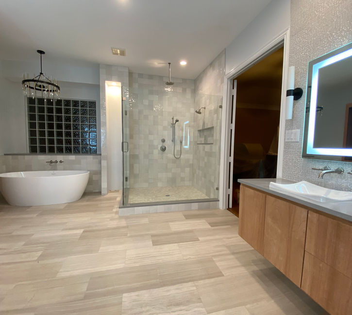 modern bathroom remodel Dallas TX walk in shower frameless glass