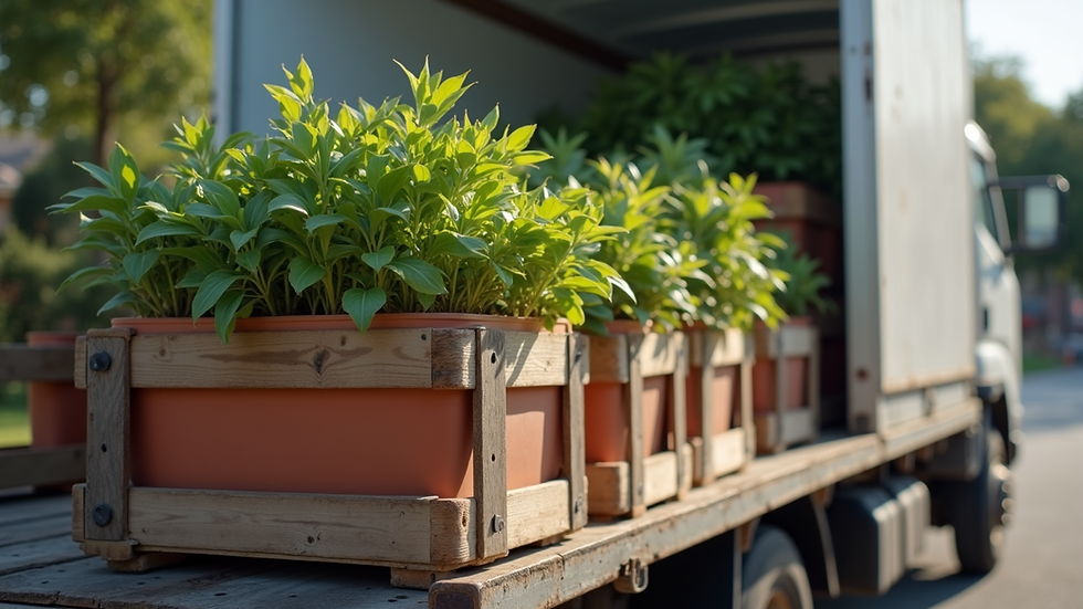 Close-up view of a delivery truck loaded with potted plants ready for transport