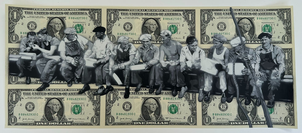 Thumbnail: 'Rockefeller' - Original artwork by street artist Catman hand painted on uncut dollar bills as part of The Buck series