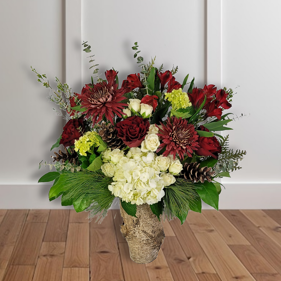 Woodsy with Pine Boughs and Pinecones in Birchbark Vase