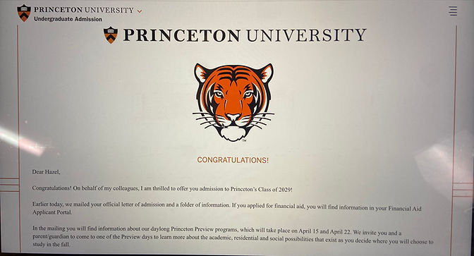 An acceptance letter from Princeton University admitting Hazel Eschen (12) into the class of 2029. Photo credit: Paige Runions