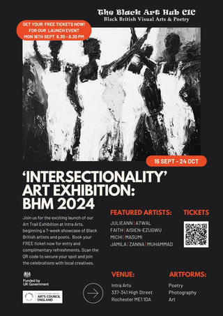 "Flyer for the Art & Culture Event happening on 3rd October 2024, from 17:00 to 20:30 at Nucleus Arts Centre, Chatham. Features an artistic portrait of a woman surrounded by abstract patterns and vibrant colors. The flyer invites guests to celebrate Black History Month at the Intersectionality Art Trail exhibition, which includes live performances, music, and food. Includes a QR code for ticket booking. Supported by Arts Council England and UK Government."