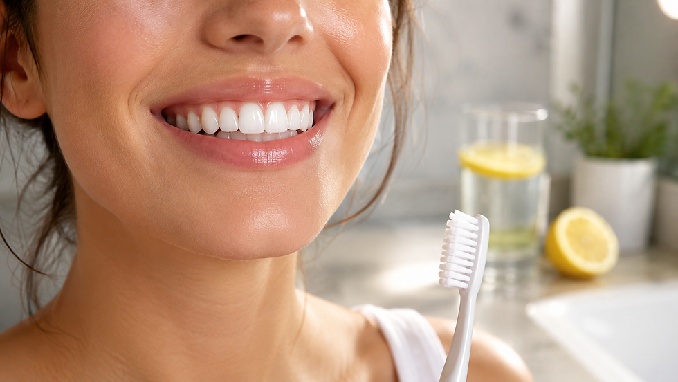 Woman stopping acid erosion on teeth by brushing