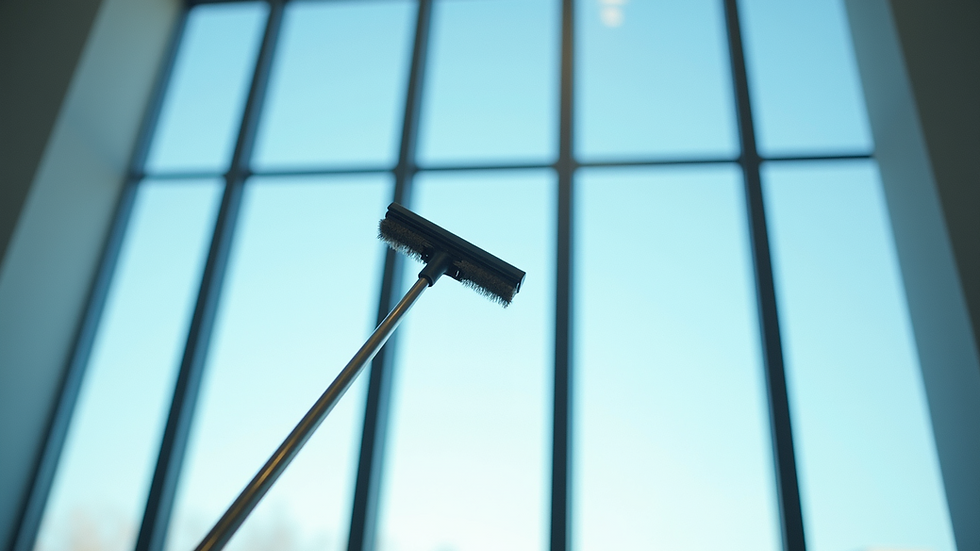 Eye-level view of a water fed pole cleaning a large window