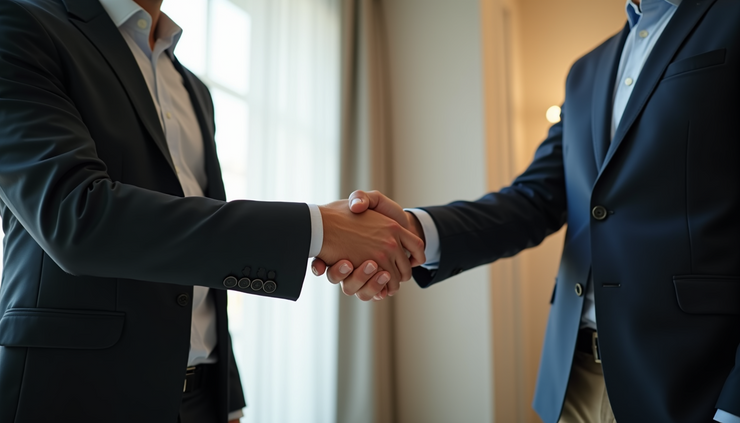 Eye-level view of a person shaking hands with another individual in a bright room