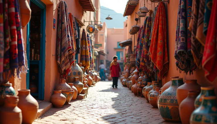 Eye-level view of a traditional market street in Marrakech with colorful textiles and pottery