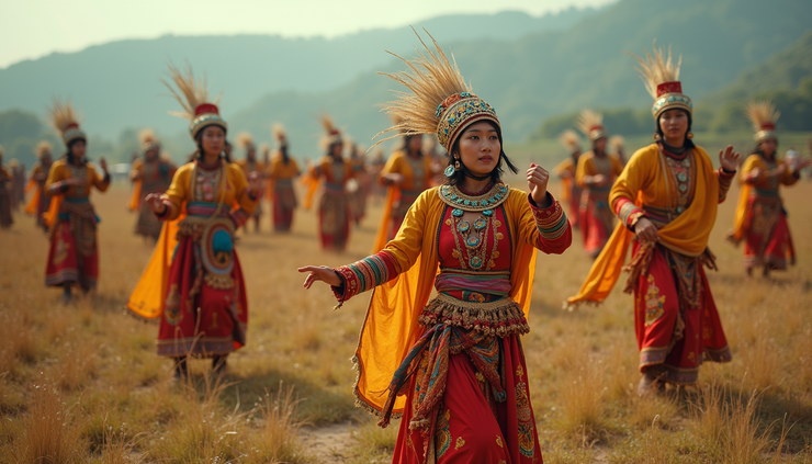 High angle view of traditional Khasi dancers performing in colorful attire during a festival