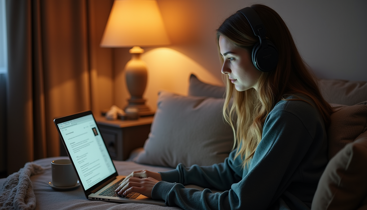High angle view of a person listening to a podcast on headphones