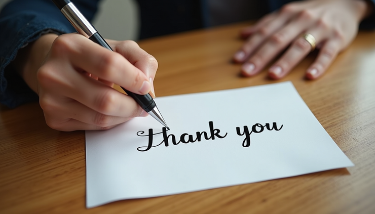 High angle view of a handwritten thank-you note on a wooden table with a pen