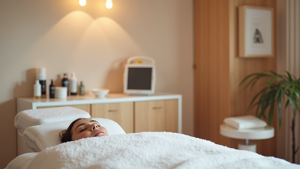 Eye-level view of a cozy treatment room with skincare products and equipment