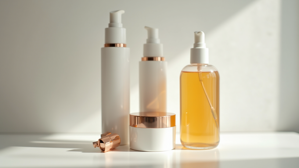 Eye-level view of a neatly arranged skincare routine with cleanser, serum, moisturizer, and sunscreen