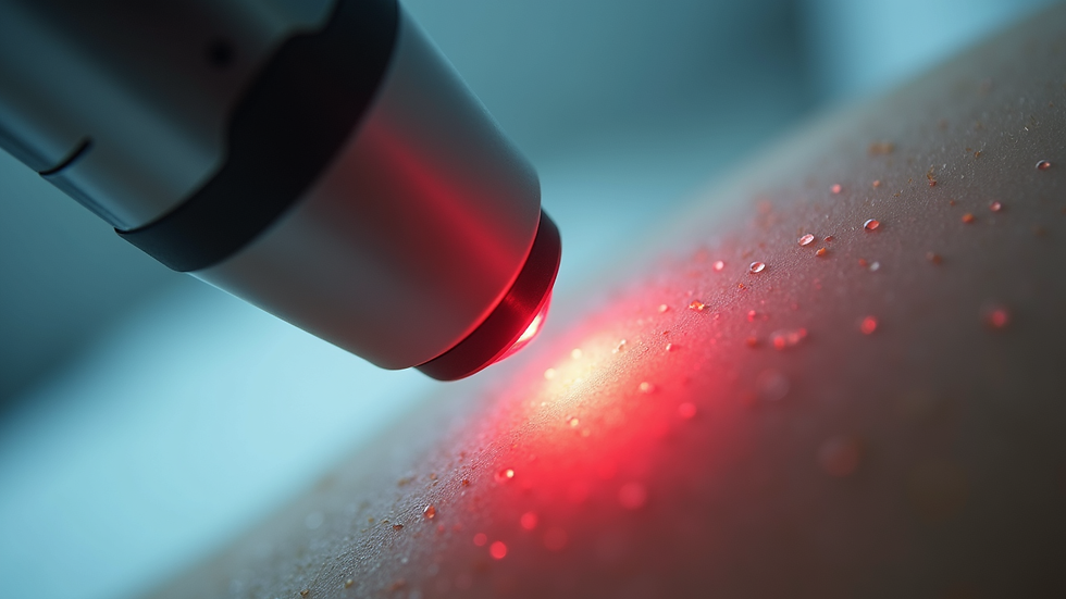 Close-up view of laser device targeting hair follicle on skin