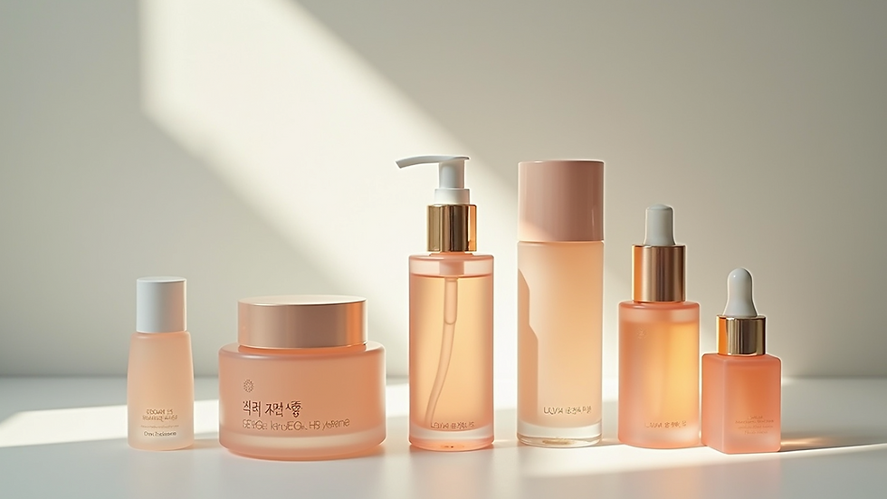 Eye-level view of Korean skincare products arranged neatly