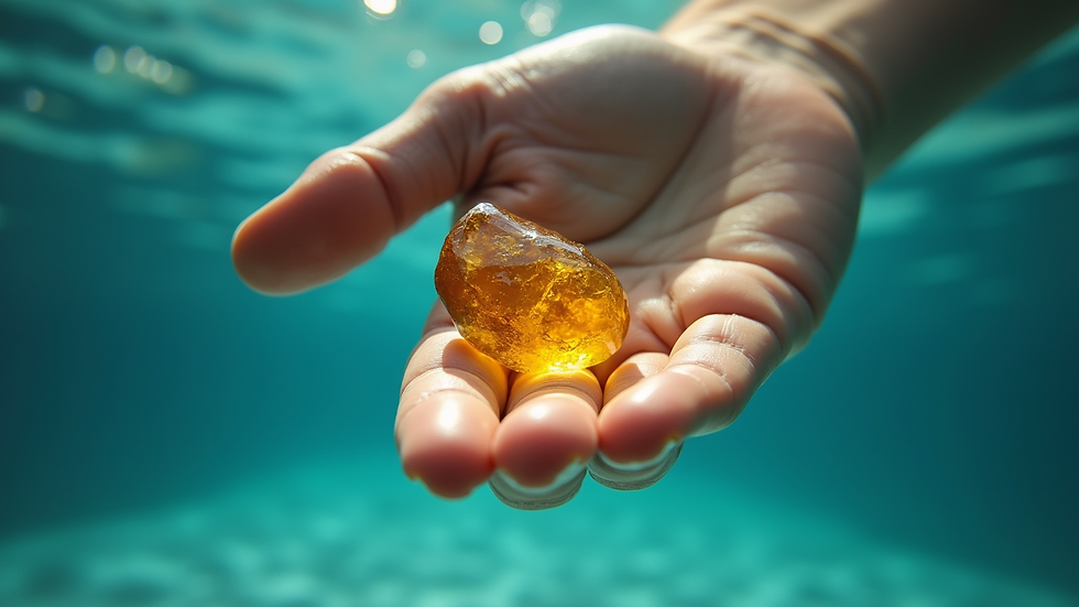 Vue en plongée d'une main tenant un cristal de citrine jaune