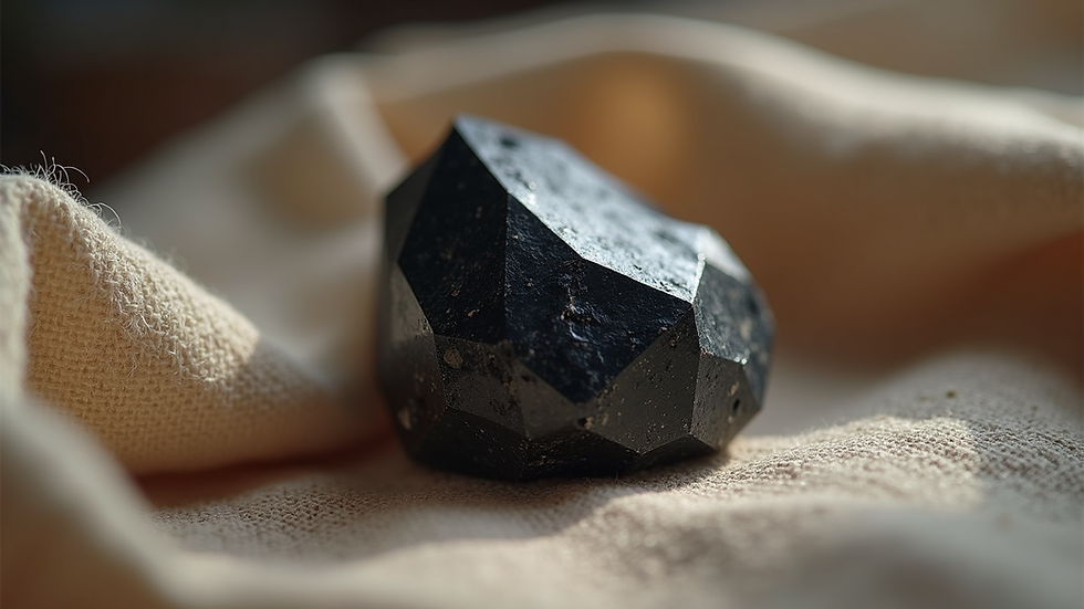 Vue rapprochée d’un cristal de tourmaline noire posé sur un tissu naturel