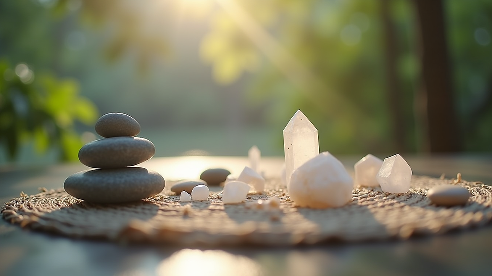 Close-up view of a serene meditation space with crystals