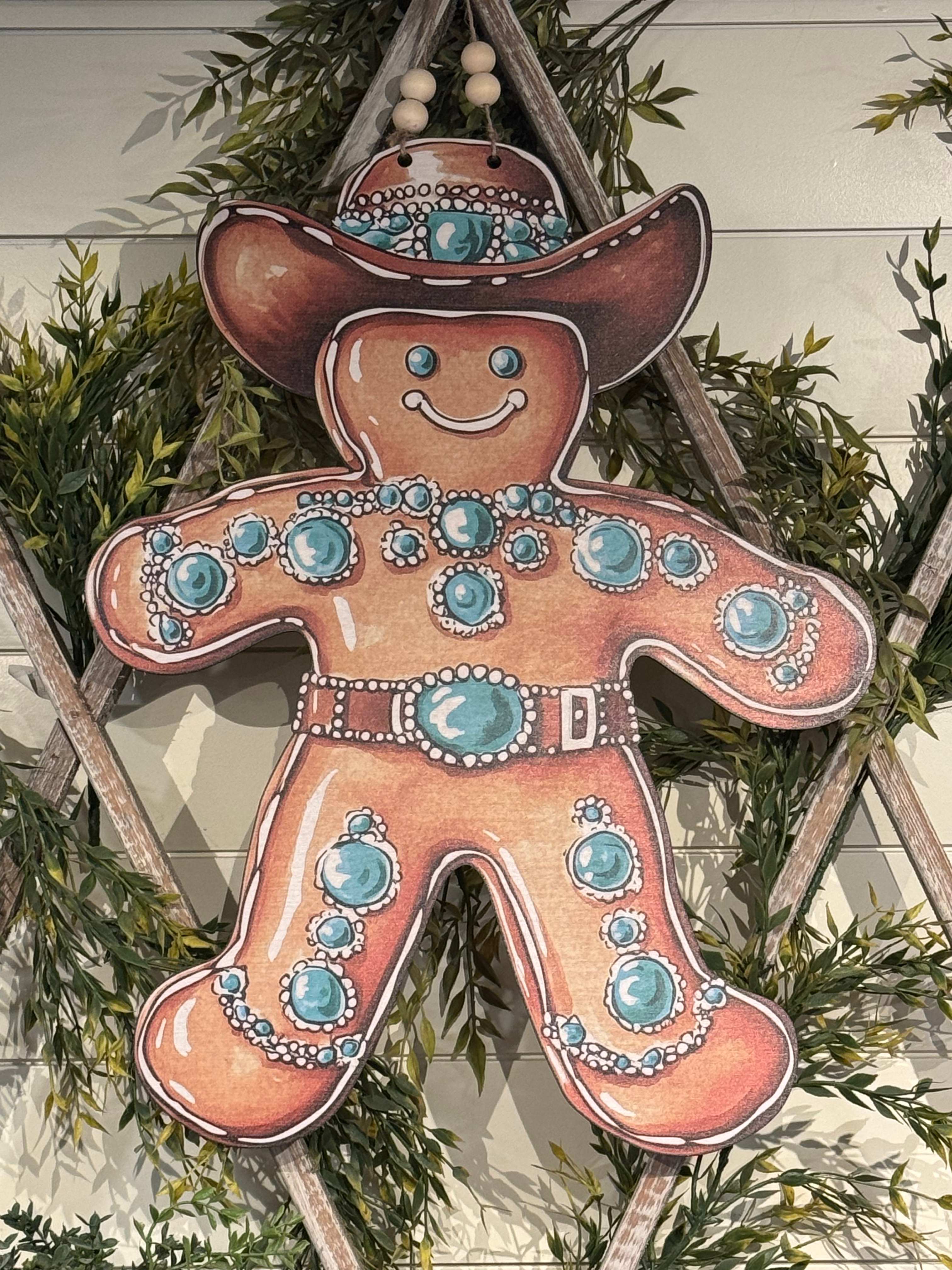 Printed Cowboy Gingerbread man door hanger