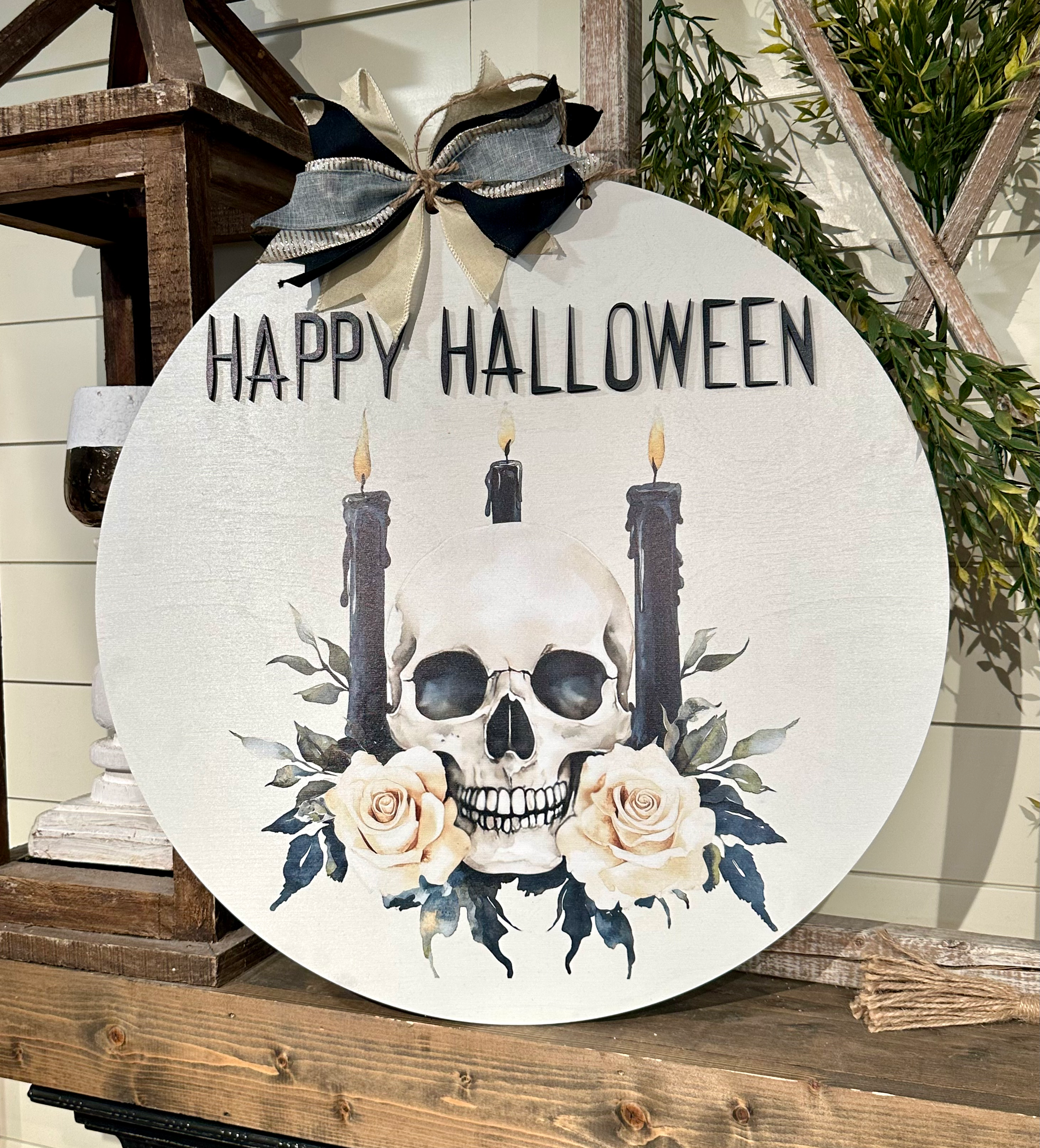 PRINTED HAPPY HALLOWEEN SKULL AND CANDLES