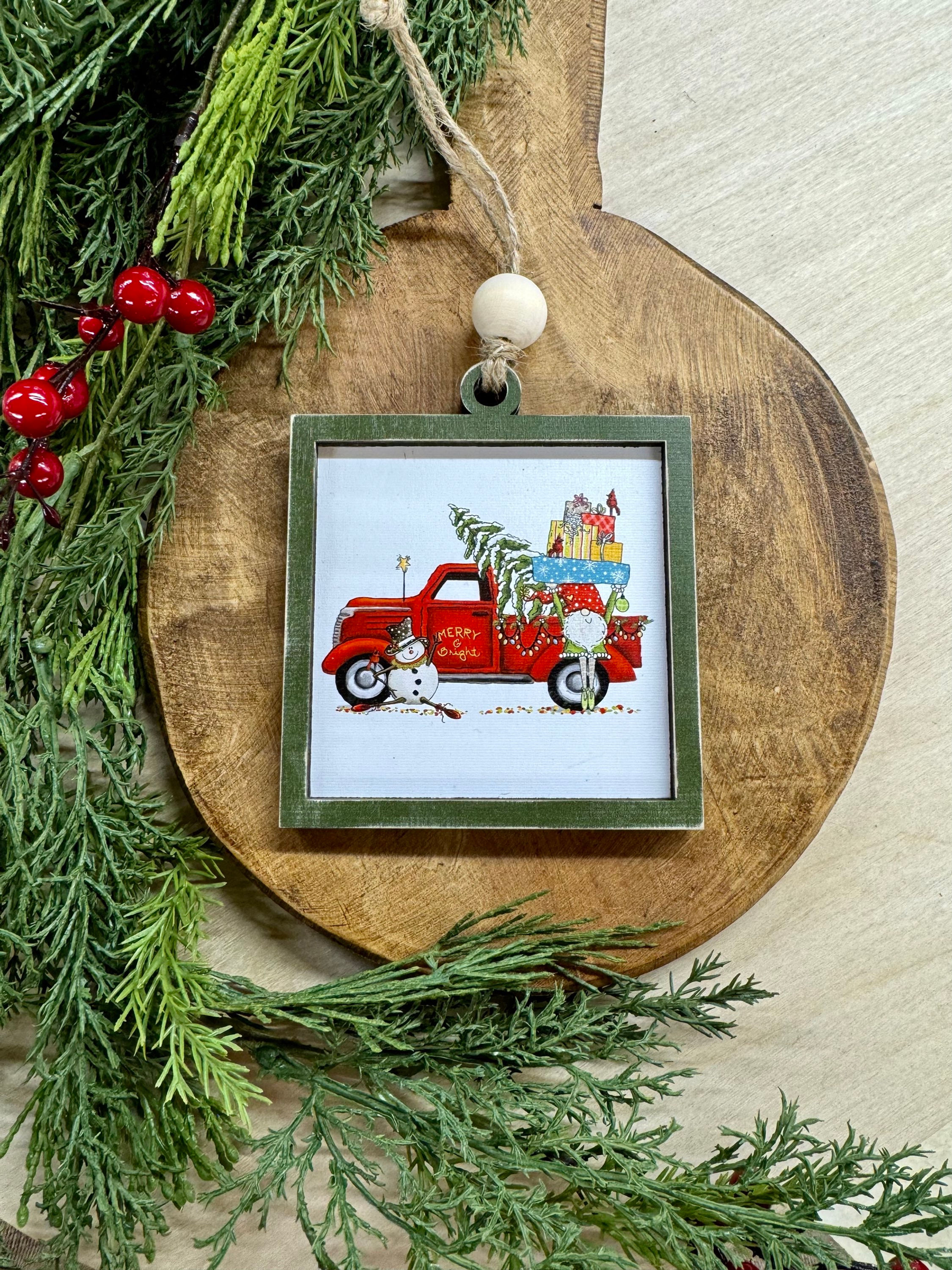 PRINTED Truck tree and  snowman ornament
