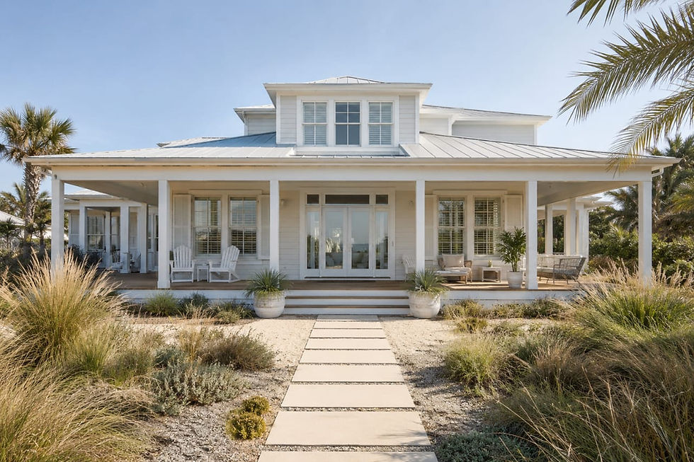 coastal style light-colored beach house exterior with wraparound porch, grasses in foreground