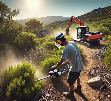 DALL·E 2024-09-22 18.16.12 - A single worker clearing dense vegetation in a maquis using a
