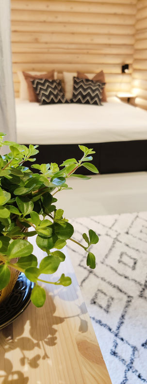 Suomalainen hirsimökki jossa moderni sisustus. 