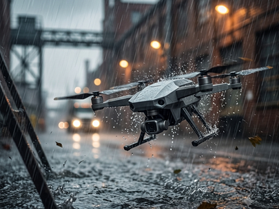 Drone sous une pluie battante