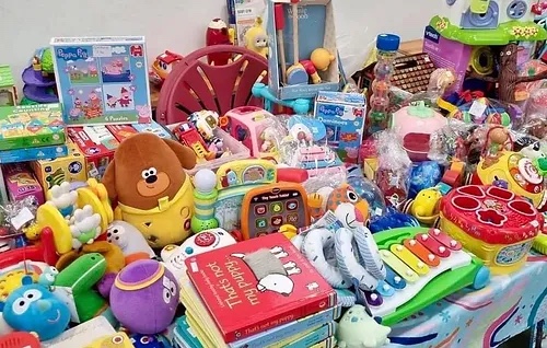 A colourful picture of items being sold at a baby and children's nearly new sale