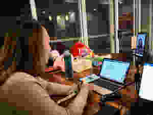 A woman is making a livestream