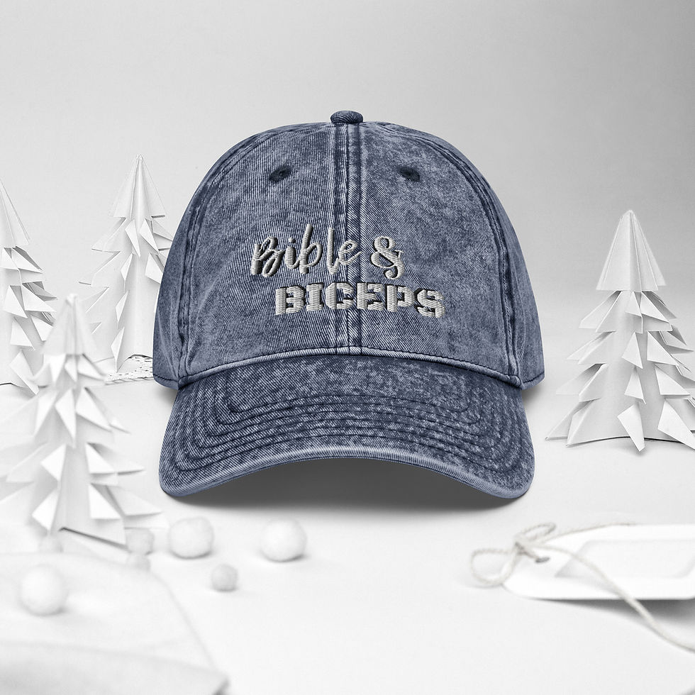 Thumbnail: Woman wearing Bible & Biceps Vintage denim hat left side view