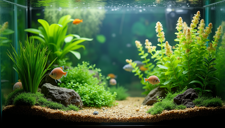 Eye-level view of aquarium with diverse live plants and fish swimming among them