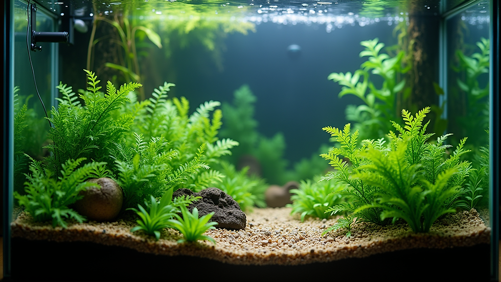 Eye-level view of a well-lit freshwater aquarium setup with plants and gravel substrate