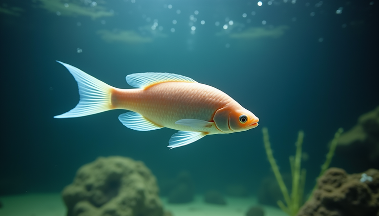 High angle view of a large Arowana fish swimming calmly in a spacious aquarium