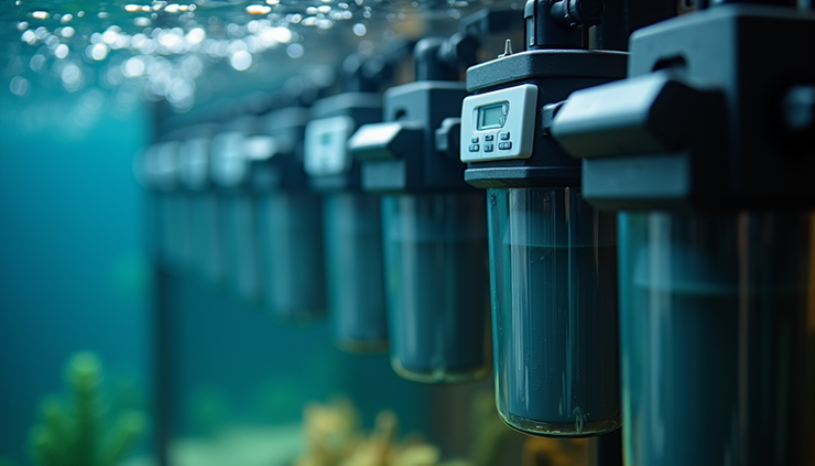 Close-up view of a custom fish tank filtration system with pumps and filters