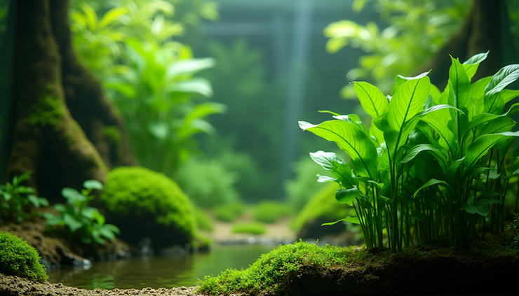 Close-up view of a planted aquarium with lush green plants and clear water