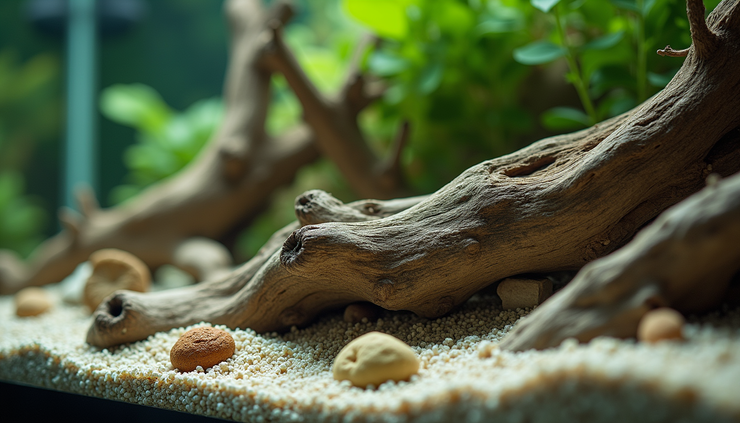 Close-up view of natural driftwood pieces for aquarium aquascaping