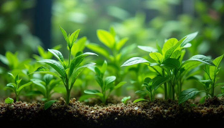 Eye-level view of a planted aquarium showing new plant growth and trimmed leaves