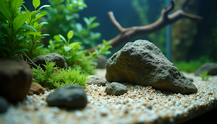 Eye-level view of aquascaping rocks and driftwood arranged in a planted aquarium