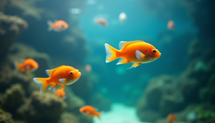 Close-up view of a clear aquarium with colorful fish swimming near the water surface