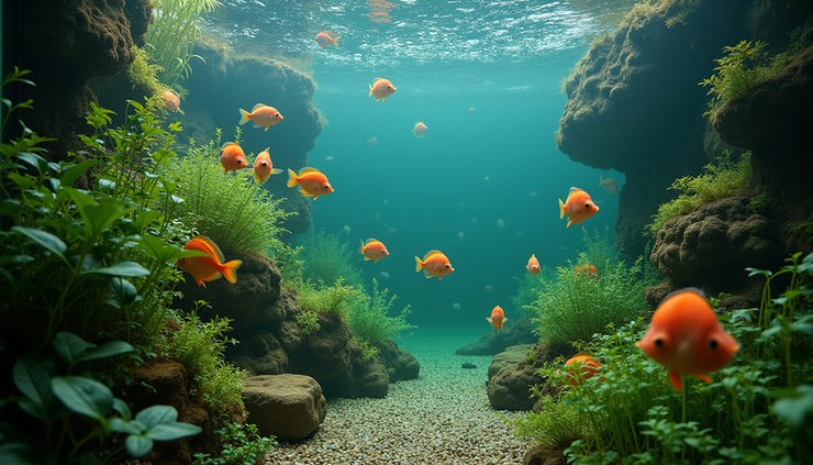 High angle view of a beautifully decorated aquarium with colorful fish and aquatic plants