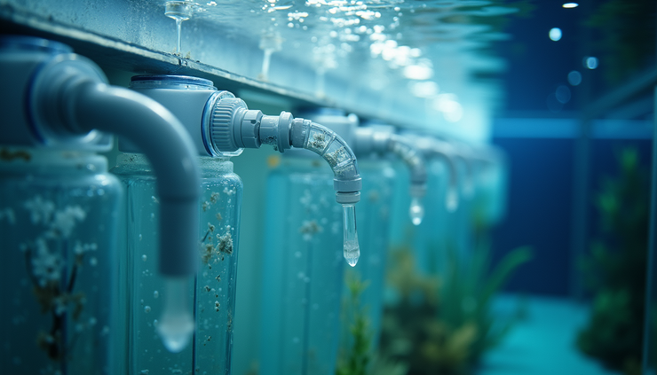 Close-up view of a large aquarium filter system with clear tubing and clean media